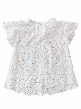 Jennifer & Grace Ecru Eyelet Embroidered Cotton Blouse M Flutter Sleeve Boho Top